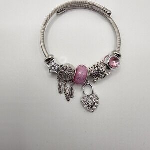 Silver Pink Charm Bracelet Heart Lock Dreamcatcher Cable Wire Bangle Womens